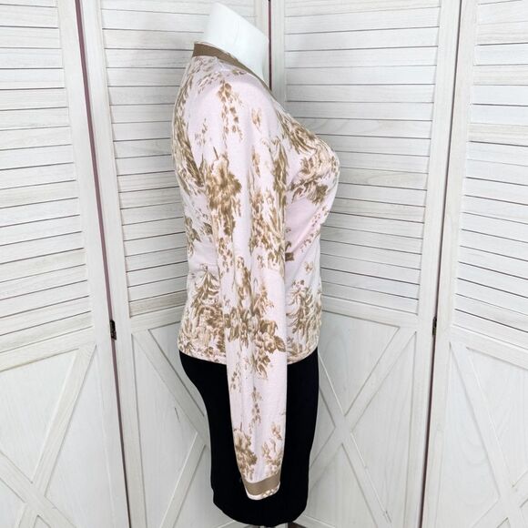 Shae Anthropologie Floral Ribbon Trim Cardigan Sweater Pink Tan Large - Picture 3 of 11